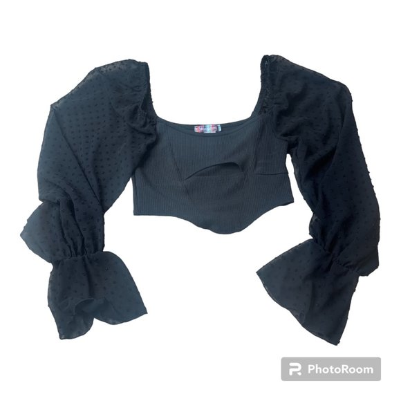 Urban Outfitters Tops - Urban Outfitters cropped long sleeve top w/ sheer dotted sleeves and cutout Sz S